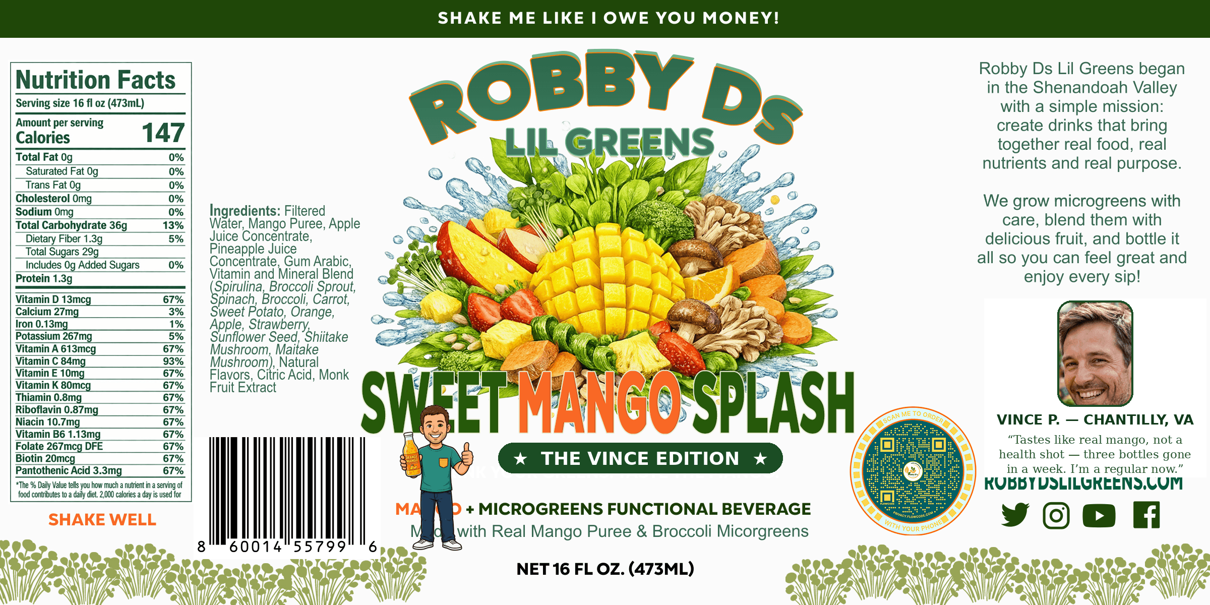 Mockup of a Sweet Mango Splash label made for a customer — the Vince Edition